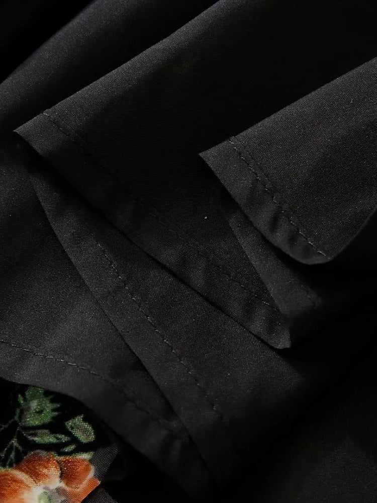 Genevieve: alf High Neck Long Sleeves Printing Folds Elegant Black Ankle-Length Dress
