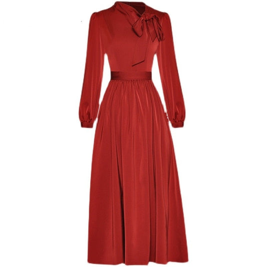 فستان إلين ذو الياقة الفانوس والأكمام ذات الخصر الرفيع والنبيذ الأحمر غير الرسمي