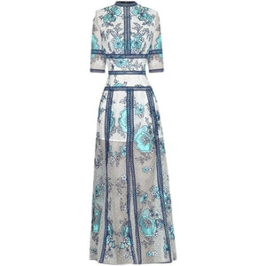 Alida Round Neck Half Sleeve Printing Hollow-Out Casual Blue Ankle-Length Dress