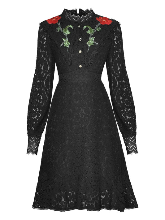 Geneve – Elegantes schwarzes Party-Minikleid mit ausgehöhlter Spitze und Stickerei