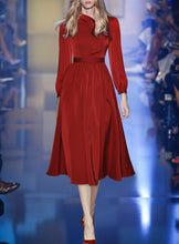 Load image into Gallery viewer, Ellen Collar Lantern Sleeve Frenulum The Waist Thin Grace Casual Wine Red Dress