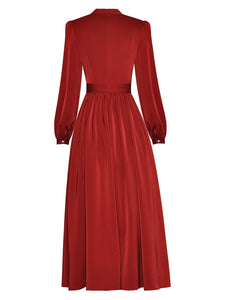 Ellen Collar Lantern Sleeve Frenulum The Waist Thin Grace Casual Wine Red Dress