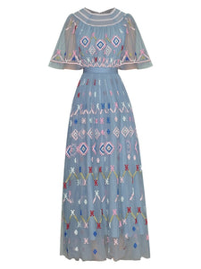 Grace Embroidered Elegant Light Blue Ankle-Length Dress
