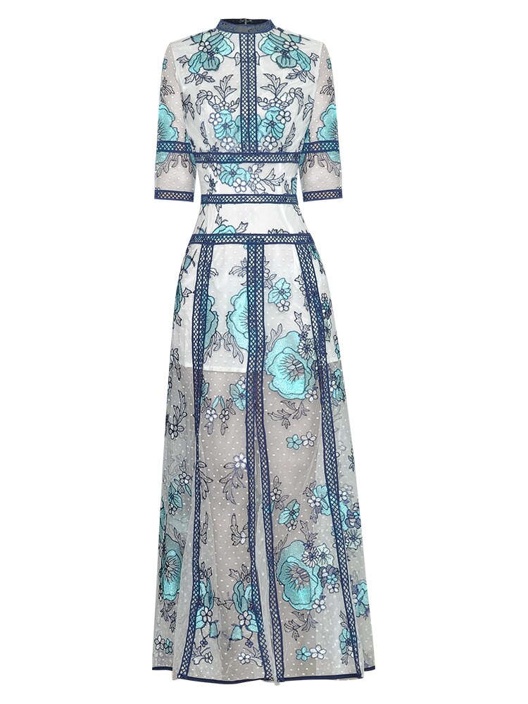 Alida Round Neck Half Sleeve Printing Hollow-Out Casual Blue Ankle-Length Dress