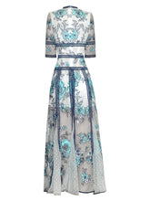 Load image into Gallery viewer, Alida Round Neck Half Sleeve Printing Hollow-Out Casual Blue Ankle-Length Dress