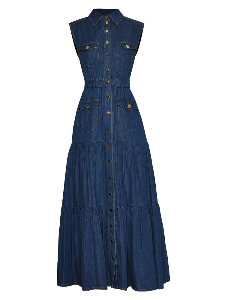 Polo Neck Sleeveless Single Breasted Grace Casual Lake Blue Ankle-Length Dress