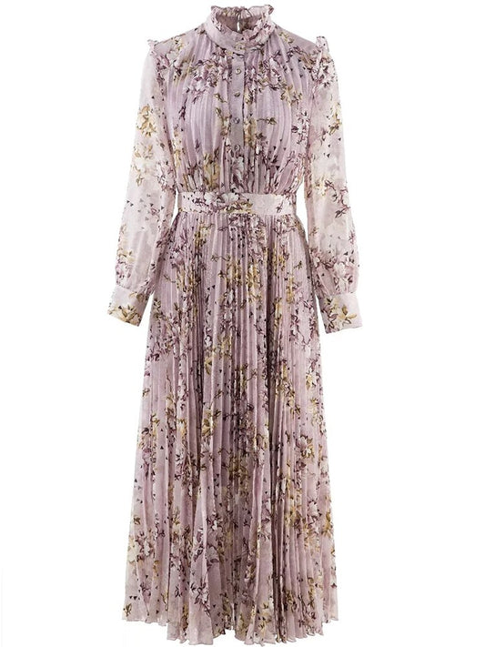 Thérèse Halbhoher Ausschnitt Lange Ärmel Bedrucktes Elegantes Veilchen-Knöchellanges Kleid