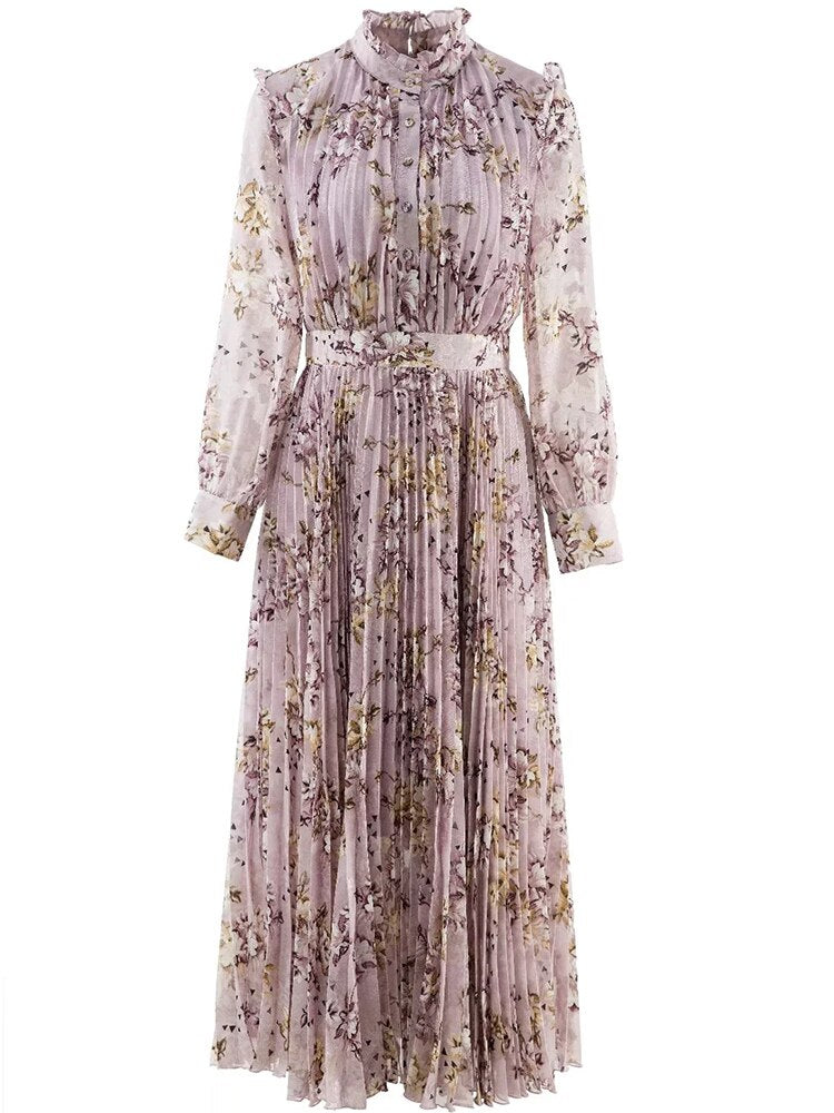 Thérèse Half High Neck Long Sleeves Printing Elegant Violets Ankle-Length Dress