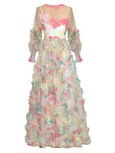 Gina Round Neck Lantern Sleeve Embroidered Elegant Colours Ankle-Length Dress