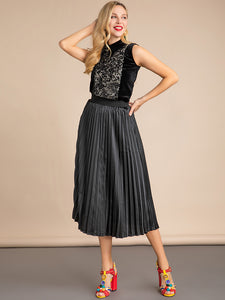 Sleeveless Velvet Tops and Pleated Midi Skirts Two Pieces Suit