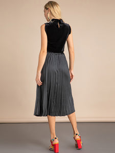 Sleeveless Velvet Tops and Pleated Midi Skirts Two Pieces Suit