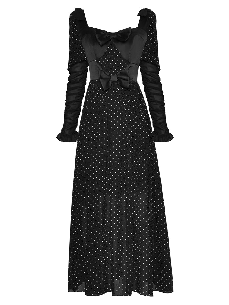 Hayley  Vintage Dot Print Long Dress Square Collar Dress