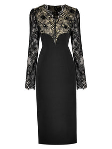 Sasha Lace Sequins Applique See-through Long sleeves Patchwork Dress