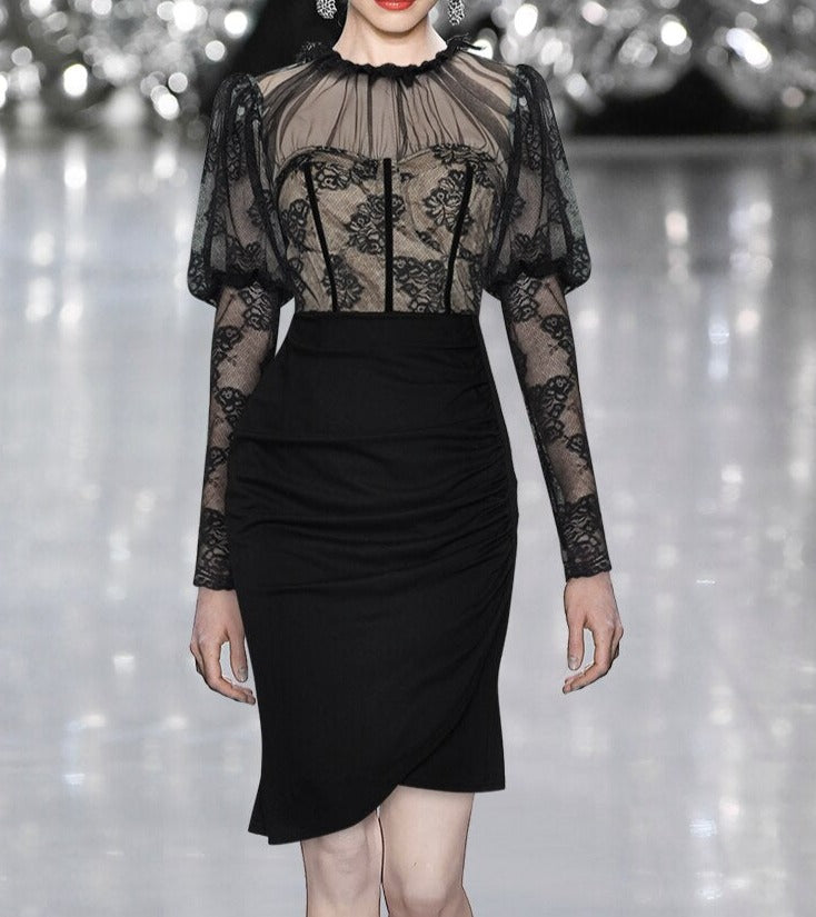 Leah Lace See-through Asymmetrical Black Dress