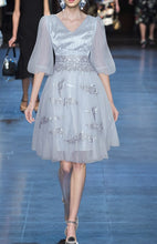 Load image into Gallery viewer, Blanche V neck Lantern Sleeve Mesh Embroidery Ball Gown Dress