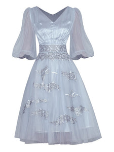 Blanche V neck Lantern Sleeve Mesh Embroidery Ball Gown Dress