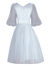 Load image into Gallery viewer, Blanche V neck Lantern Sleeve Mesh Embroidery Ball Gown Dress