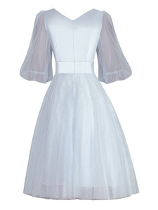 Blanche V neck Lantern Sleeve Mesh Embroidery Ball Gown Dress