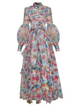 Load image into Gallery viewer, Fleur Ruched Mesh Floral Print Lace-up Maxi Dress