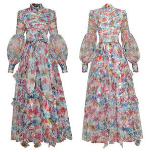 Fleur Ruched Mesh Floral Print Lace-up Maxi Dress