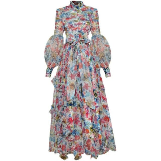 Fleur Ruched Mesh Floral Print Lace-up Maxi Dress