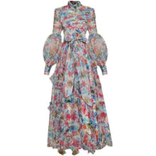 Load image into Gallery viewer, Fleur Ruched Mesh Floral Print Lace-up Maxi Dress