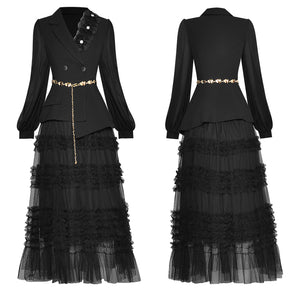 Lisa Elastic Waist Ruffles Mesh Long Skirt Two Pieces Set Spring New Suit