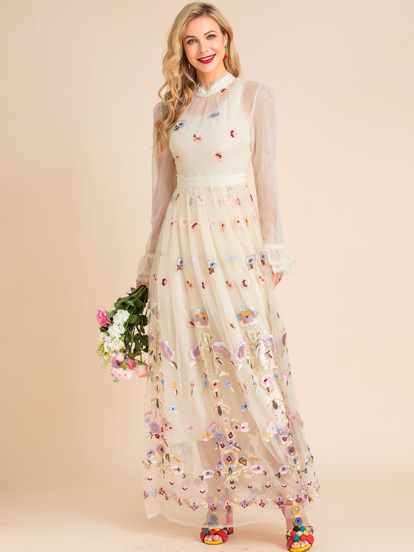 Lexy Floral Embroidery Vintage Party Dress Women