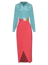 Load image into Gallery viewer, Antonella Turn-down Collar Long Sleeves Shirt + Sashes Split Long Skirt Two Pieces Set