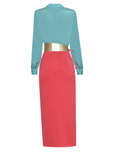 Antonella Turn-down Collar Long Sleeves Shirt + Sashes Split Long Skirt Two Pieces Set