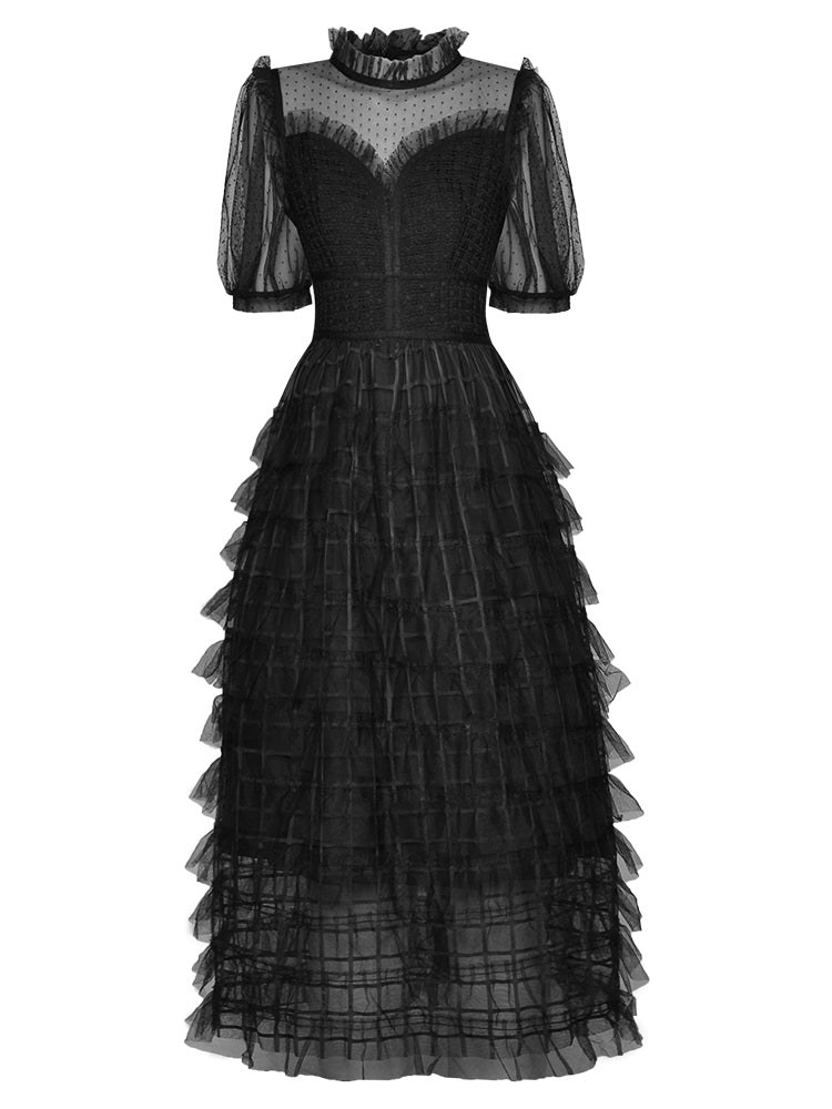 Daphne – Elegantes schwarzes Abendkleid mit Puffärmeln, Netzstoff-Print und Rüschen-Midikleid