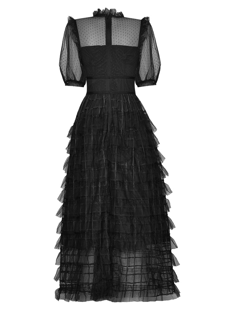 فستان Daphne أنيق باللون الأسود بأكمام منتفخة وطباعة شبكية فستان متوسط ​​الطول مكشكش