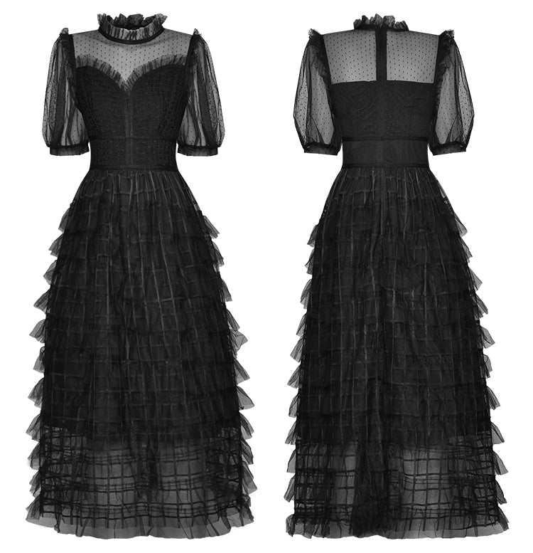 Daphne Elegant Black Gown Dress Puff Sleeve Mesh Print Ruffle  Midi Dress
