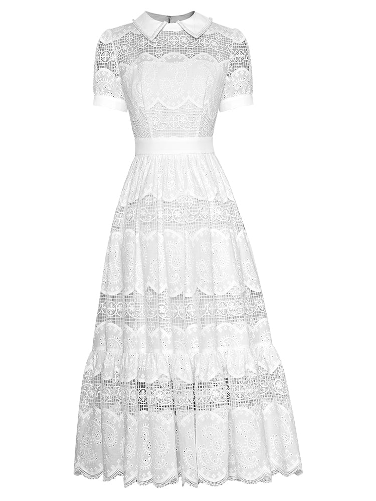 Beta Turn-down Collar Beading Hollow out Embroidery Vintage Party Midi Dress