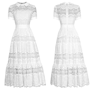 Beta Turn-down Collar Beading Hollow out Embroidery Vintage Party Midi Dress
