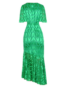 Alexandra V-Neck Flare Sleeve Folds Geometric Print Office Lady Long Dress