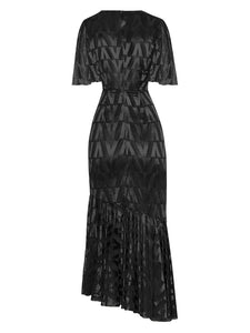 Alexandra V-Neck Flare Sleeve Folds Geometric Print Office Lady Long Dress